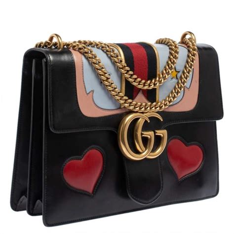 gucci black leather shoulder bag|black gucci purse with heart.